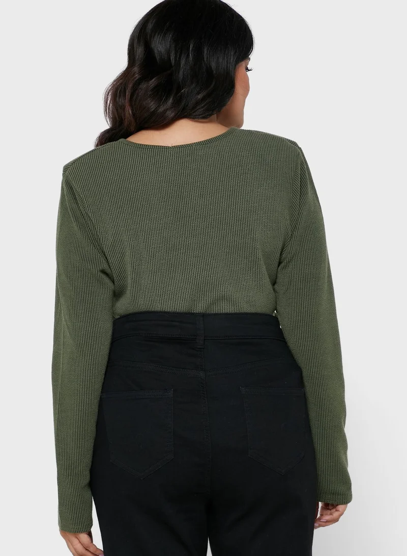 I Saw It First Curve Green Plus Contrast Rib Shoulder Pad Plunge Front