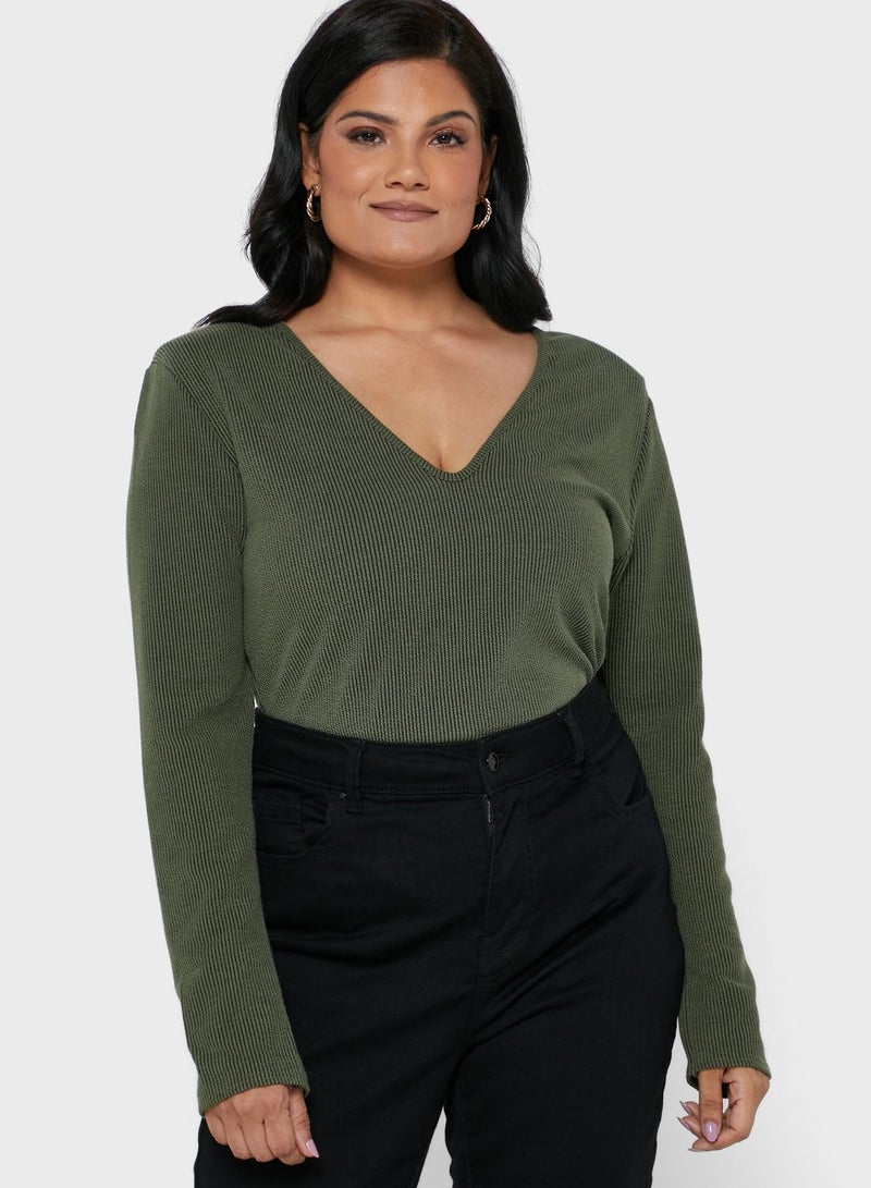I Saw It First Curve Green Plus Contrast Rib Shoulder Pad Plunge Front - Image 2