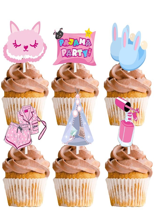 LETLIMIT 18pcs Pink Glitter Pajamas Dessert Cupcake Topper for Girls Slumber Girls Sleepover Girls Pamper Theme Decor Supplies Girl Night Out Happy Birthday Party Decoration - Image 1