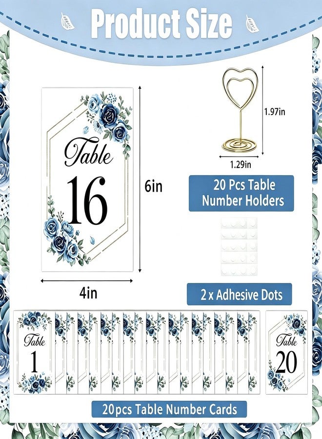 CORNER LACE Floral Wedding Table Numbers 1-20 with 20Pcs Gold Table Card Holders - 4"x6" Dusty Blue and Navy Place Card Centerpiece Decorations for Wedding Bridal Shower Party Reception - Image 5