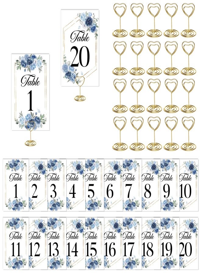 CORNER LACE Floral Wedding Table Numbers 1-20 with 20Pcs Gold Table Card Holders - 4"x6" Dusty Blue and Navy Place Card Centerpiece Decorations for Wedding Bridal Shower Party Reception - Image 1
