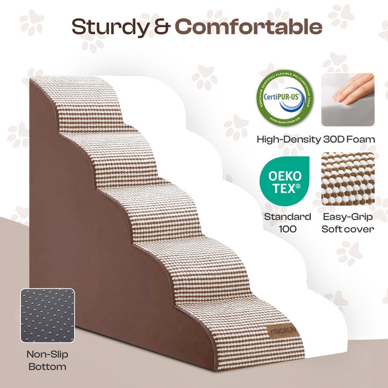 Miorun Curved Dog Stairs for High Bed Up to 26", 5-Step Dog Ramp for Small Dogs with Washable Cover, Non-Slip Steps for Cats to Get on Couch and Sofa, Durable Foam Ladder for Medium Breeds, White Coffee - Image 2