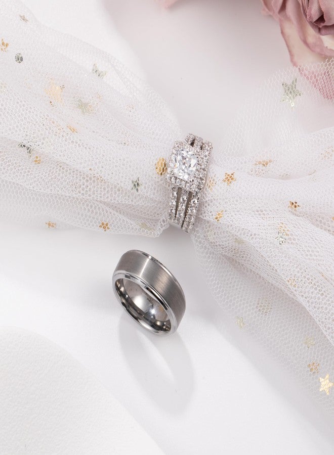 Corato Promise Rings for Couples,Wedding Rings for Him and Her,White Gold Plated 2.5CT Bridal Set with Princess cut Cubic Zirconia & Mens Tungsten Wedding Bands - Image 3