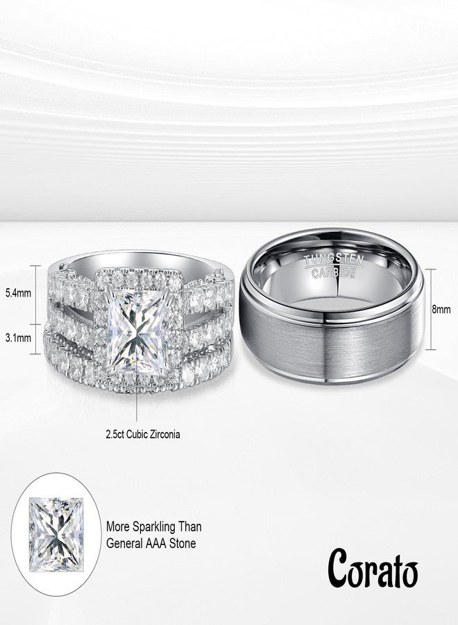 Corato Promise Rings for Couples,Wedding Rings for Him and Her,White Gold Plated 2.5CT Bridal Set with Princess cut Cubic Zirconia & Mens Tungsten Wedding Bands - Image 5