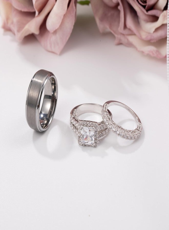 Corato Promise Rings for Couples,Wedding Rings for Him and Her,White Gold Plated 2.5CT Bridal Set with Princess cut Cubic Zirconia & Mens Tungsten Wedding Bands - Image 4