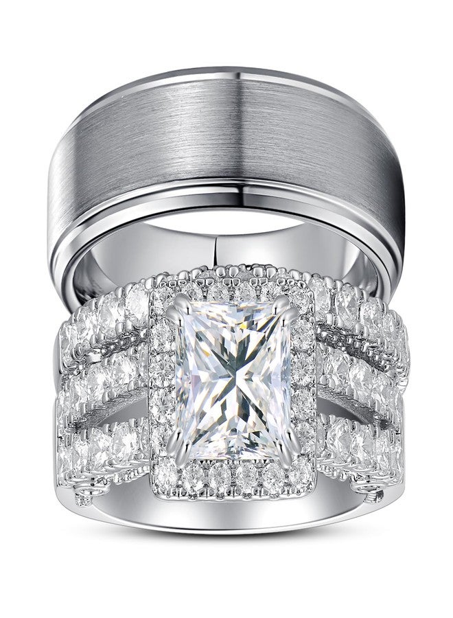 Corato Promise Rings for Couples,Wedding Rings for Him and Her,White Gold Plated 2.5CT Bridal Set with Princess cut Cubic Zirconia & Mens Tungsten Wedding Bands - Image 1