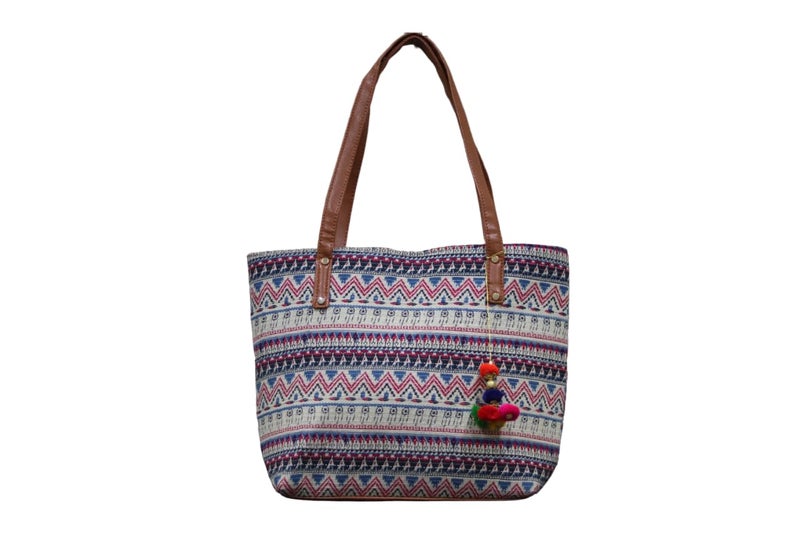 SHIVKARI Womens Girls Traditional Ikkat Tote Handbag with Tassels | Pink - Image 1