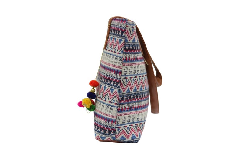 SHIVKARI Womens Girls Traditional Ikkat Tote Handbag with Tassels | Pink - Image 3