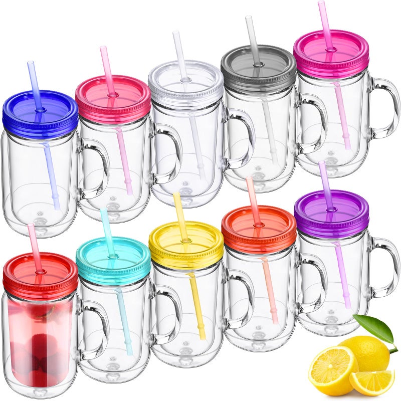 Suclain Suclain 10 Pack Plastic Mason Jars with Handles Lids and Straws Mouth Mason Jar Mugs 20 oz Double Insulated Tumbler with Straw Large Clear Plastic Mug for AdultsClassic Color