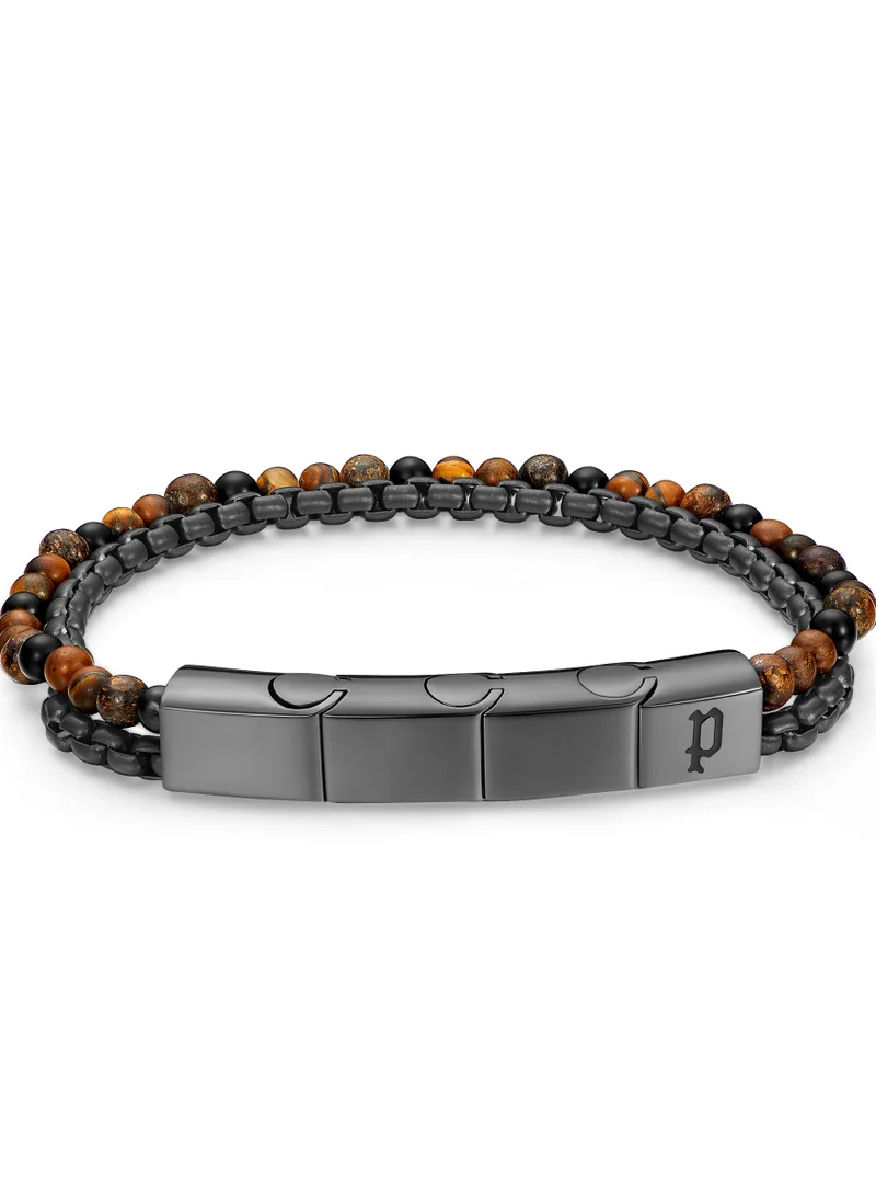 بوليس Police Double Impact Tiger Eye Beads Gun Box Chain Gents Bracelet