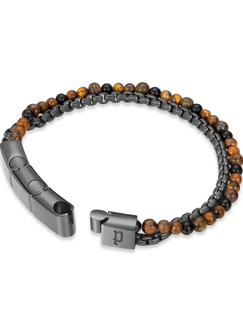 بوليس Police Double Impact Tiger Eye Beads Gun Box Chain Gents Bracelet