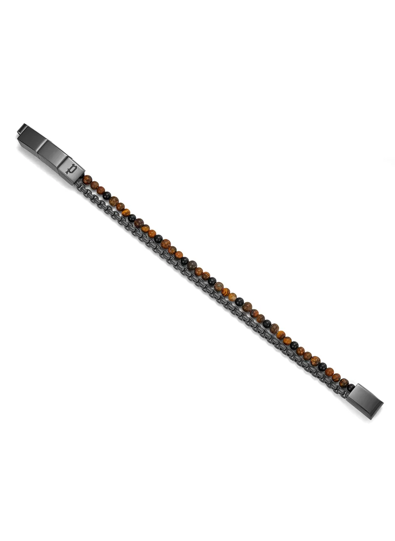 POLICE Double Impact Tiger Eye Beads Grey Box Chain Gents Bracelet
