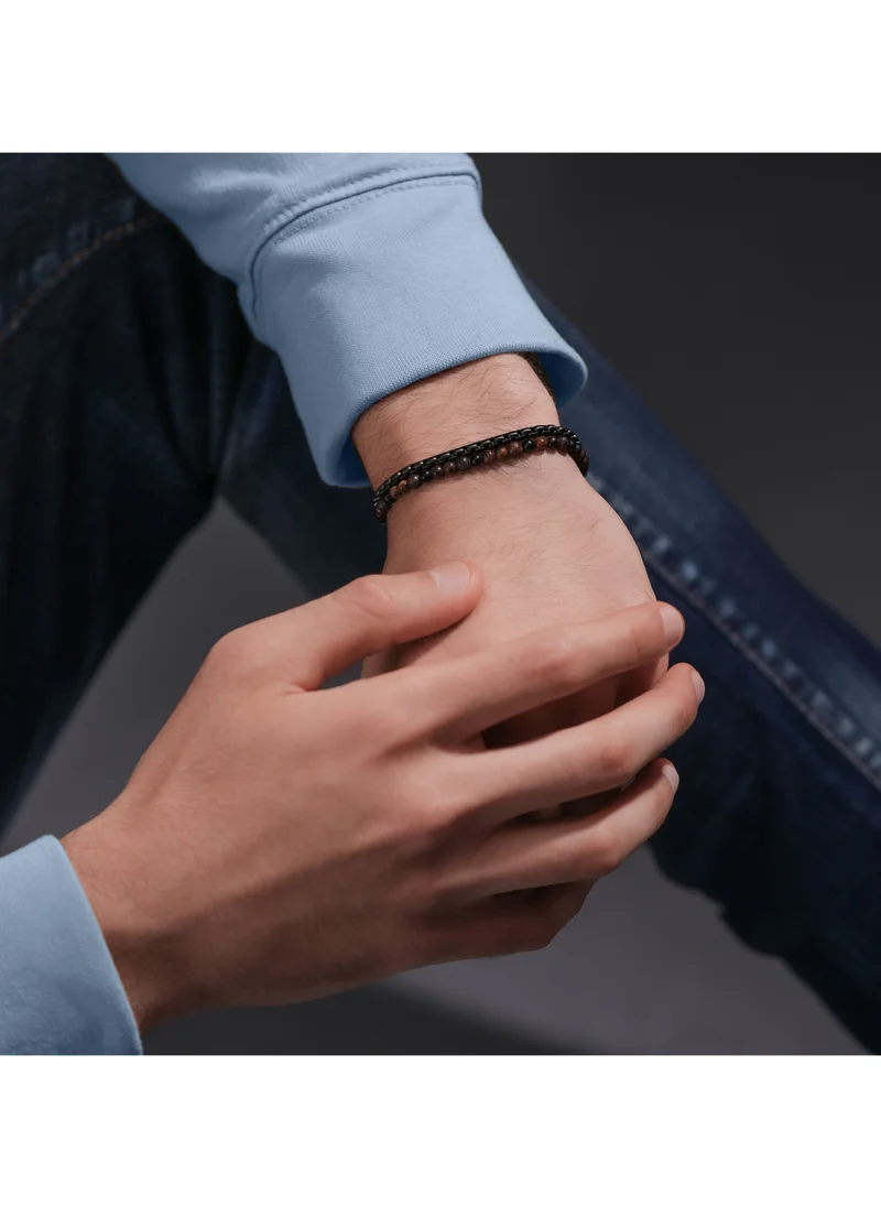 POLICE Double Impact Tiger Eye Beads Grey Box Chain Gents Bracelet