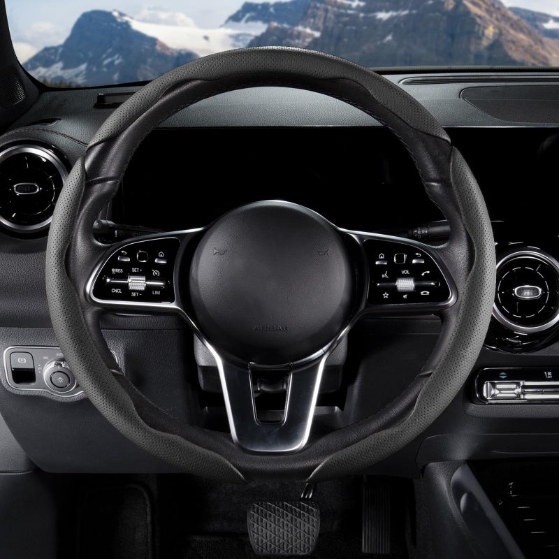 Aotoyou Car Steering Wheel Cover Leather Snap On 3Pcs Set Non-Slip Protector Wrap Steering Wheel Accessories 14.5-15 inch Universal Black - Image 4