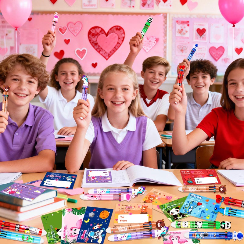 Zenoble 28 Pack Valentines Day Gifts for Kids Classroom Valentine Multicolor Ballpoint Pens with Valentines Cards for Kids School Exchanges 10-in-1 Multicolor Pen Rewards Party Favors for Boys Girls - Image 3