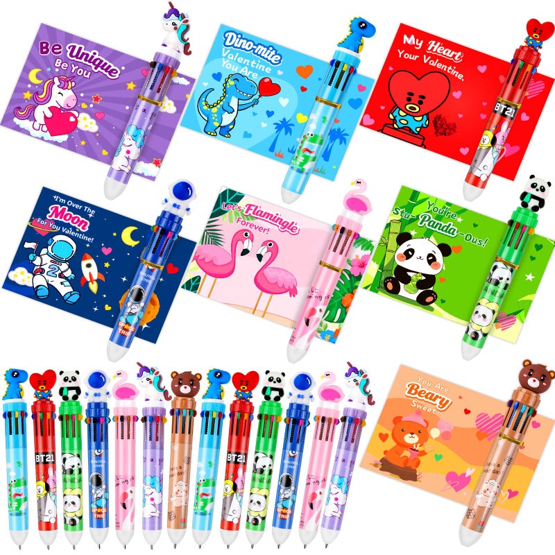 Zenoble 28 Pack Valentines Day Gifts for Kids Classroom Valentine Multicolor Ballpoint Pens with Valentines Cards for Kids School Exchanges 10-in-1 Multicolor Pen Rewards Party Favors for Boys Girls - Image 1