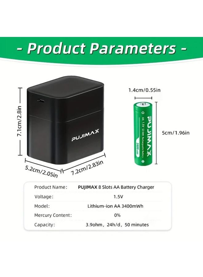 Pujimax 8 بطاريات ليثيوم قابلة للشحن AA 3400 ملي واط في الساعة وشاحن سريع بشحن 2.5 ساعة - Image 3
