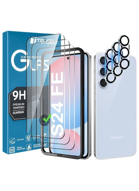 [3+3 Pack] 9H Tempered Glass Screen Protector for Samsung Galaxy S24 FE 5G, with Installation Alignment Frame Support Fingerprint Unlock Anti-Scratch Film Screen Protector