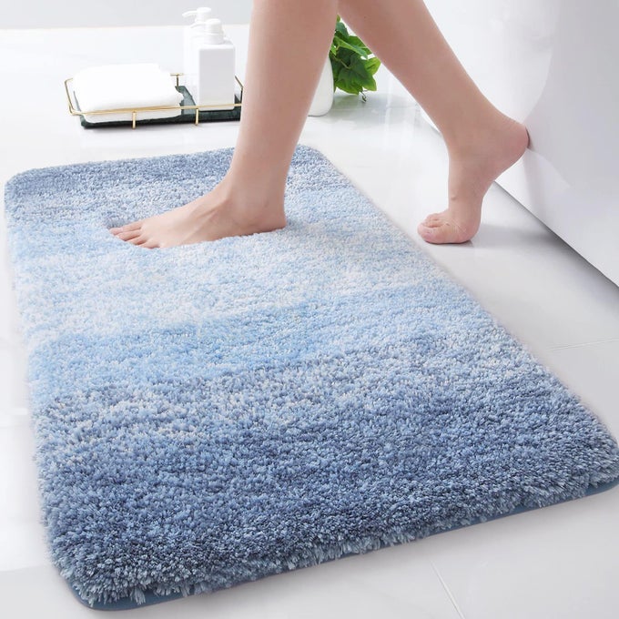 BATHROOM RUG SHAGGY SOFT MICROFIBER ULTRA ABSORBENT NON SLIP LIGHT BLUE 24 X 16
