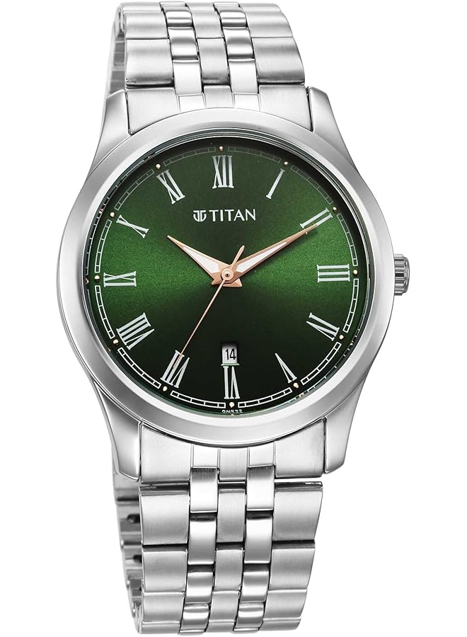 تيتان ساعة كوارتز تناظرية مع تاريخ ومينا أخضر وسوار من الفولاذ المقاوم للصدأ للرجال 1823SM04 - Image 2