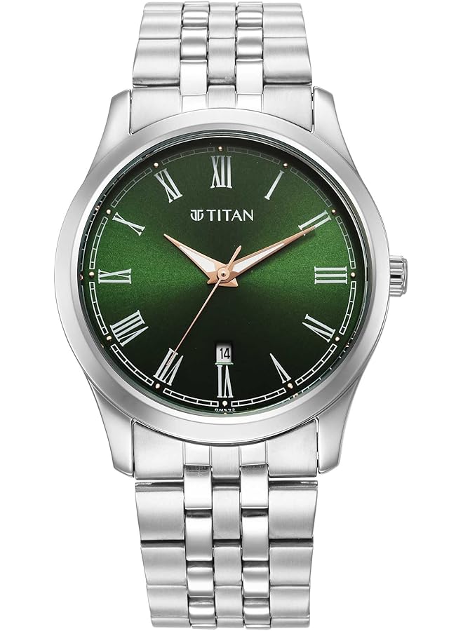 تيتان ساعة كوارتز تناظرية مع تاريخ ومينا أخضر وسوار من الفولاذ المقاوم للصدأ للرجال 1823SM04 - Image 1