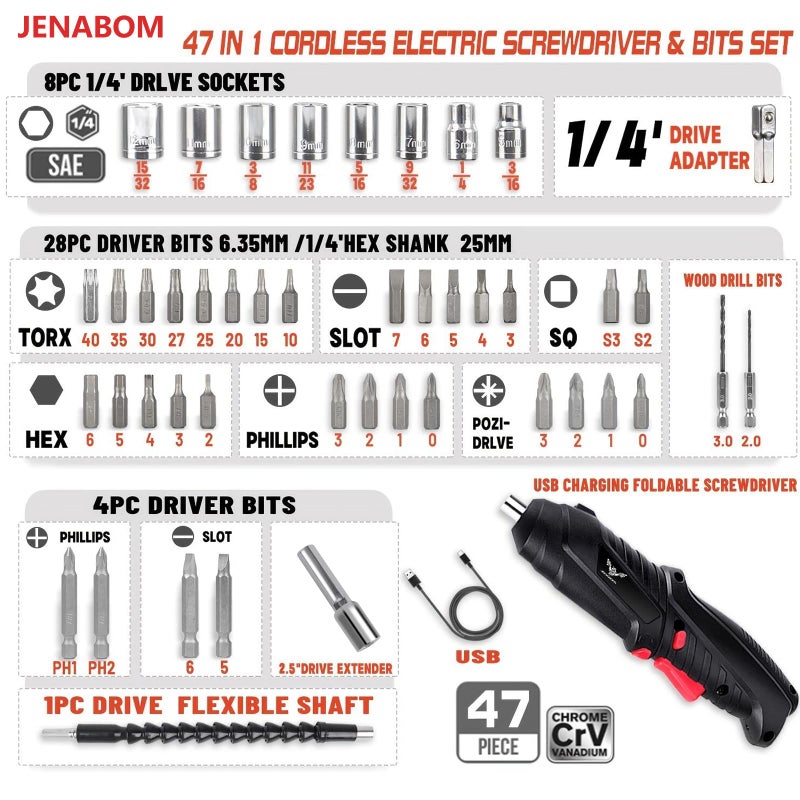 JENABOM Electric Screwdriver, 3.6V Cordless, 44pcs Screwdriver Bit Set, Front LED Light, Flexible Shaft, Micro USB, Carrying Case, Ideal for Home Improvement & Furniture Assembly - Image 4