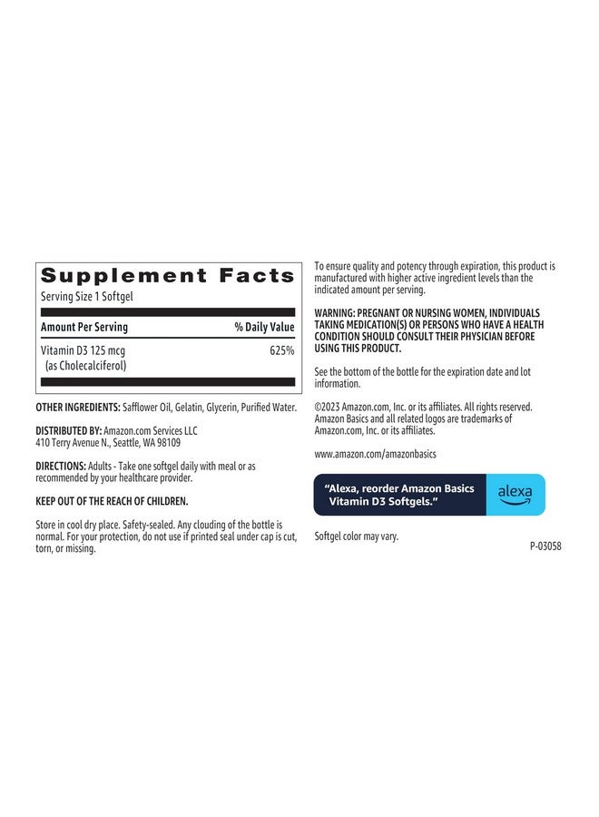 Generic Amazon Basics - Vitamin D3, 125 mcg, 60 Softgels (1 per serving), Gluten Free  - Image 4