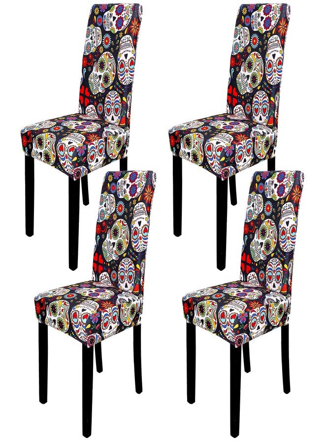 Whaline 4Pcs Halloween Chair Covers The Day of Dead Dining Chair Slipcovers Floral Skull Skeleton Pattern Stretch Elastic Seat Covers for Halloween Party Home Kitchen Hotel Restaurant Ceremony Decor - Image 1