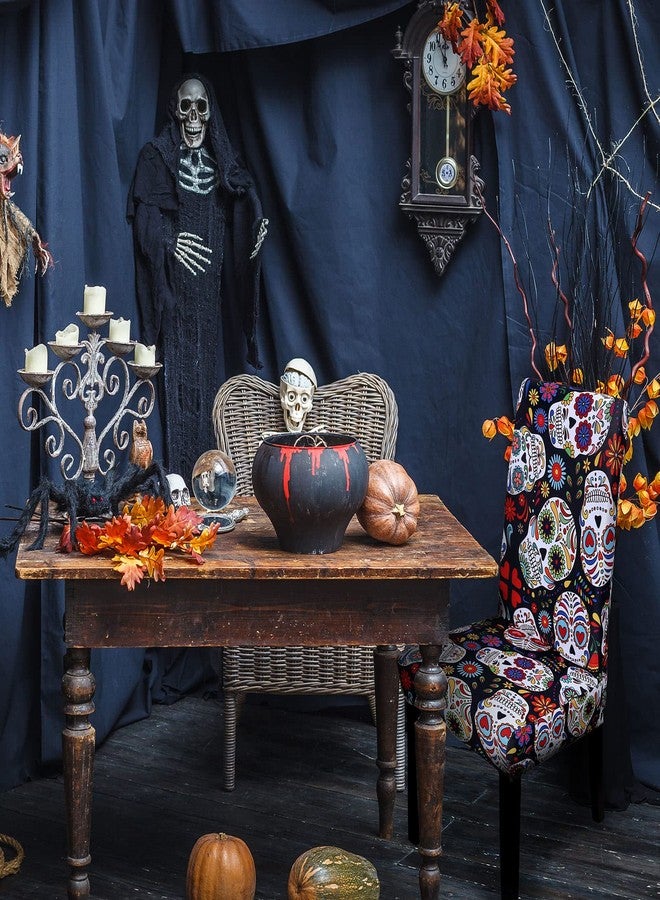 Whaline 4Pcs Halloween Chair Covers The Day of Dead Dining Chair Slipcovers Floral Skull Skeleton Pattern Stretch Elastic Seat Covers for Halloween Party Home Kitchen Hotel Restaurant Ceremony Decor - Image 5