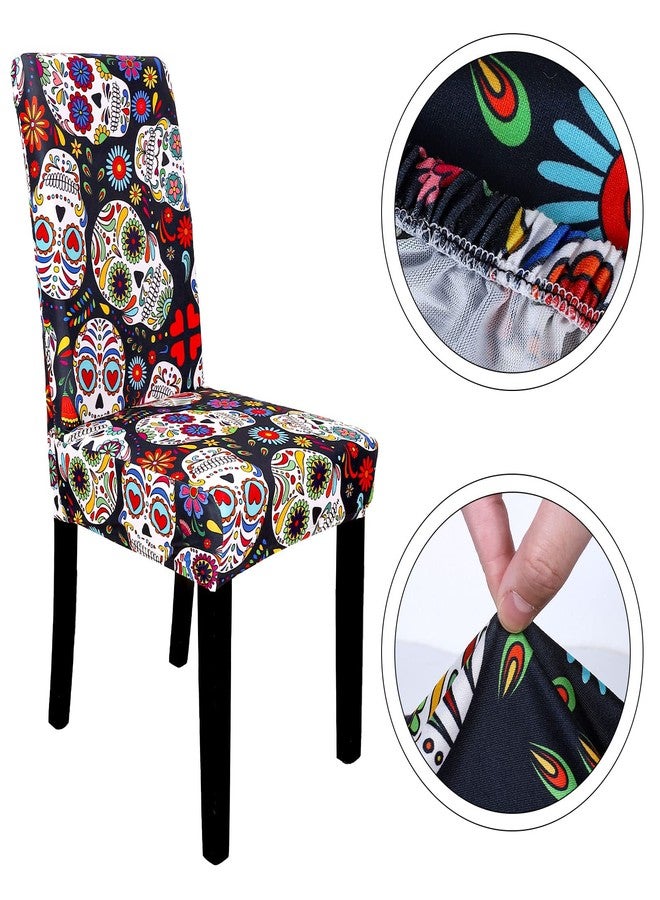 Whaline 4Pcs Halloween Chair Covers The Day of Dead Dining Chair Slipcovers Floral Skull Skeleton Pattern Stretch Elastic Seat Covers for Halloween Party Home Kitchen Hotel Restaurant Ceremony Decor - Image 4
