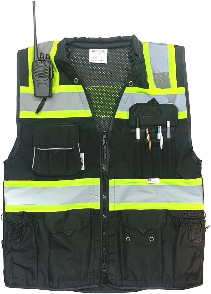 REXZUS Men's Black Series Safety Vest with Zipper and Utility Pockets (Medium, Black) - Image 5