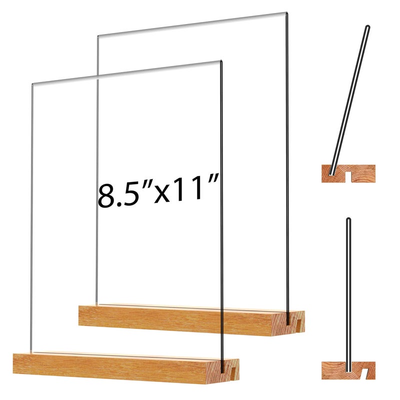 JDEA Acrylic Sign Holder with Wood Base 8.5x11 Inch Vertical and Slant Displays (2 Pack 8.5*11") - Image 1
