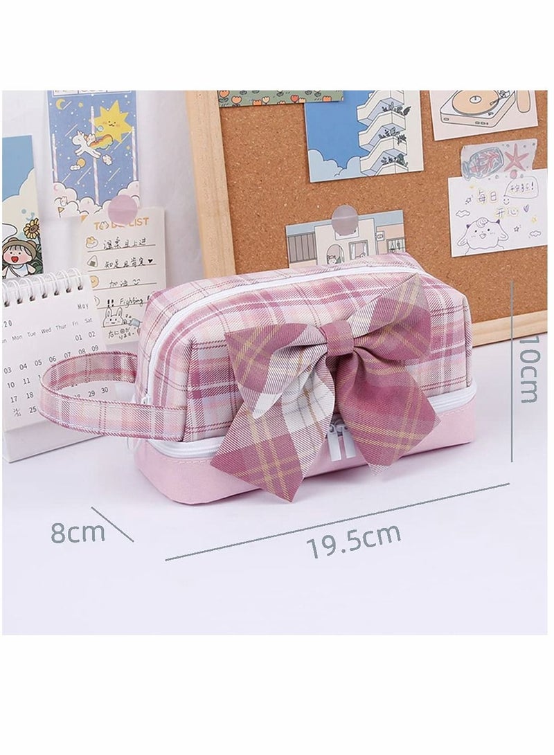 SYOSI Pencil Case, Plaid Bowknot Pencil, Pouch Canvas Marker Pen Case, Portable Cosmetic Bag, for Student Teens Girls Adults Large Capacity Pencil Box (2-red) - Image 2
