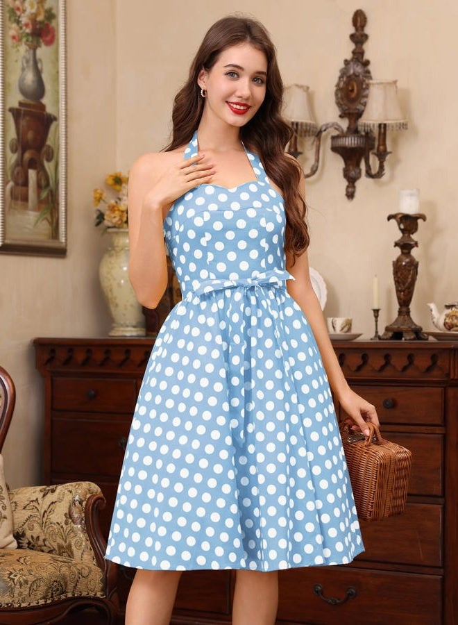 IWEMEK Women Halter Neck 50s Vintage Polka Dot Cocktail Swing Dress Retro Pinup 1950s Audrey Hepburn Rockabilly Prom Dress Lace Up Backless A-Line Wedding Spring Belted Dress Halter-Blue XL, - Image 3
