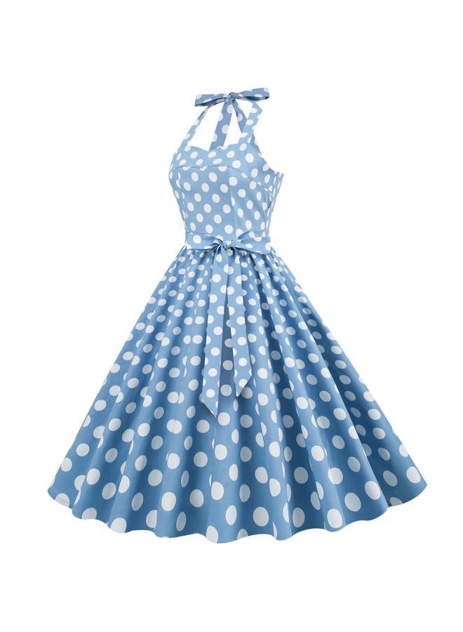 IWEMEK Women Halter Neck 50s Vintage Polka Dot Cocktail Swing Dress Retro Pinup 1950s Audrey Hepburn Rockabilly Prom Dress Lace Up Backless A-Line Wedding Spring Belted Dress Halter-Blue XL, - Image 4