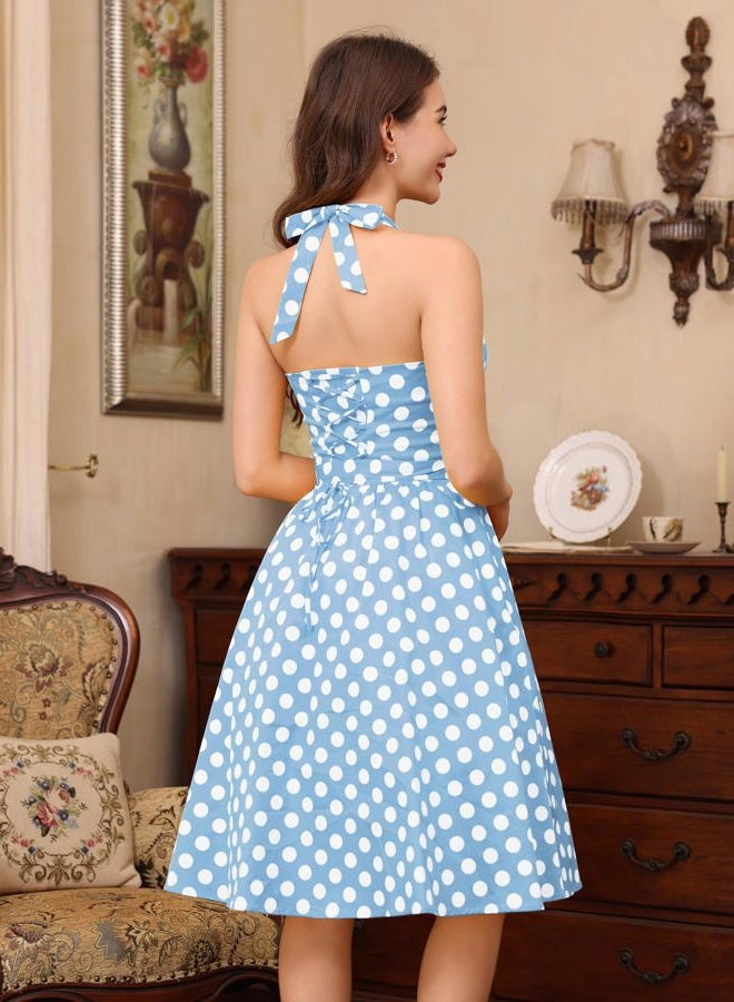 IWEMEK Women Halter Neck 50s Vintage Polka Dot Cocktail Swing Dress Retro Pinup 1950s Audrey Hepburn Rockabilly Prom Dress Lace Up Backless A-Line Wedding Spring Belted Dress Halter-Blue XL, - Image 5