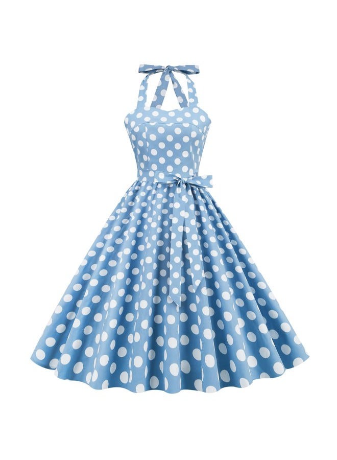 IWEMEK Women Halter Neck 50s Vintage Polka Dot Cocktail Swing Dress Retro Pinup 1950s Audrey Hepburn Rockabilly Prom Dress Lace Up Backless A-Line Wedding Spring Belted Dress Halter-Blue XL, - Image 1