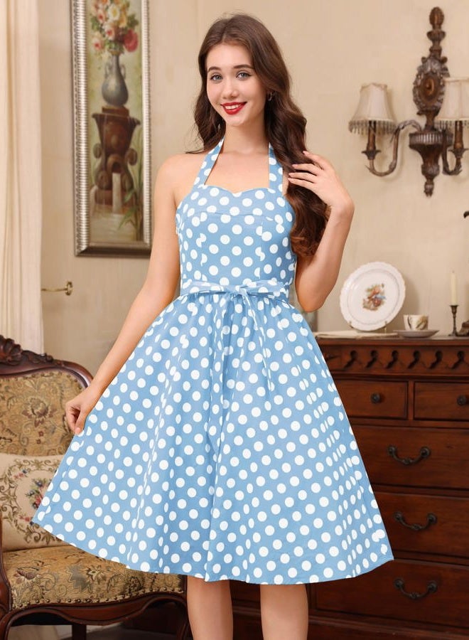 IWEMEK Women Halter Neck 50s Vintage Polka Dot Cocktail Swing Dress Retro Pinup 1950s Audrey Hepburn Rockabilly Prom Dress Lace Up Backless A-Line Wedding Spring Belted Dress Halter-Blue XL, - Image 2