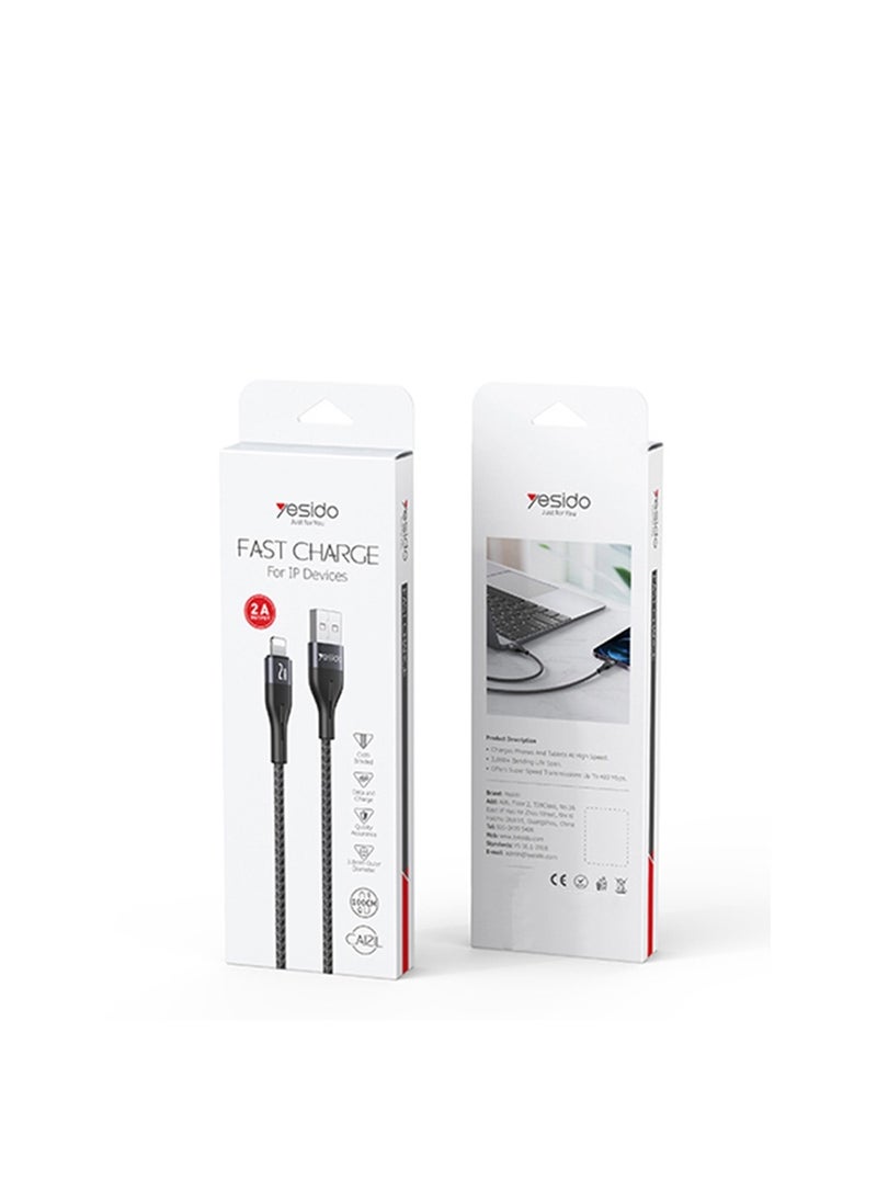 Yesido - Yesido CA121C Fast Charging USB to Lightning 1 Meter Aluminum Alloy + Cotton Cable Cable Max 2A - Black - Image 1