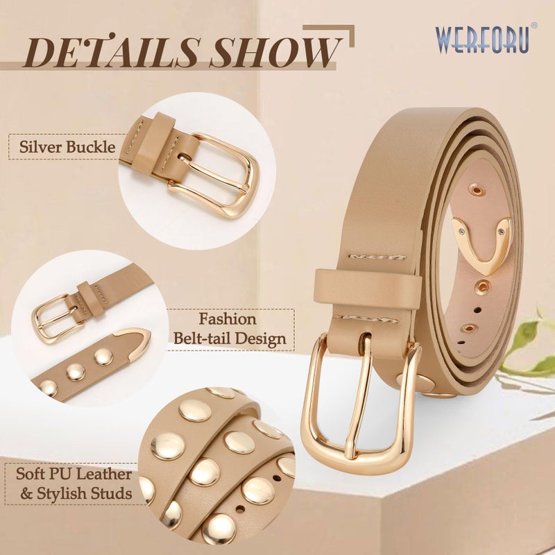 WERFORU Women Fashion Leather Belt Studded Leather Belt Ladies Belts for Jeans Dress Punk Belt,(Khaki,25"-30" Waist Adjustable) - Image 5