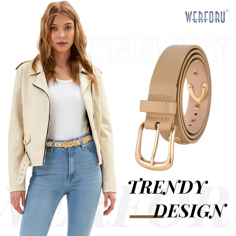 WERFORU Women Fashion Leather Belt Studded Leather Belt Ladies Belts for Jeans Dress Punk Belt,(Khaki,25"-30" Waist Adjustable) - Image 2