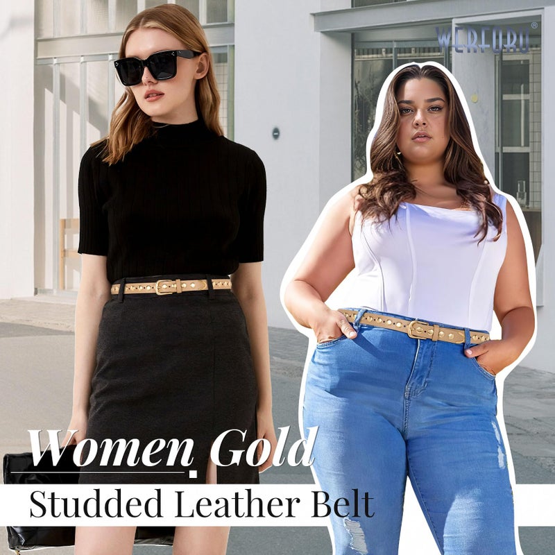 WERFORU Women Fashion Leather Belt Studded Leather Belt Ladies Belts for Jeans Dress Punk Belt,(Khaki,25"-30" Waist Adjustable) - Image 3