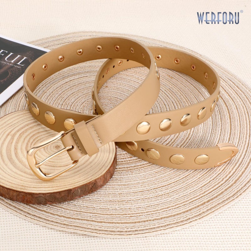 WERFORU Women Fashion Leather Belt Studded Leather Belt Ladies Belts for Jeans Dress Punk Belt,(Khaki,25"-30" Waist Adjustable) - Image 4