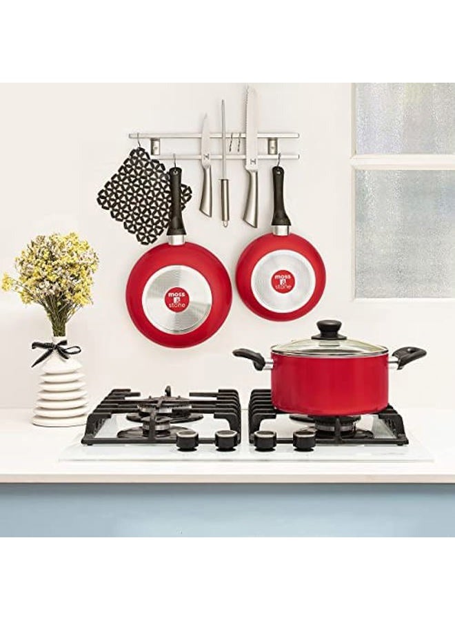 Moss & Stone 3 Peice Pots & Pans Set Nonstick Cookware Set, Aluminum Pots and Pans, Red Pots and Pans Set with Glass Lid, Dishwasher Safe, Cooking Set - Image 5