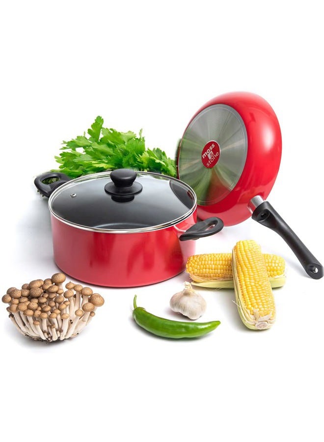 Moss & Stone 3 Peice Pots & Pans Set Nonstick Cookware Set, Aluminum Pots and Pans, Red Pots and Pans Set with Glass Lid, Dishwasher Safe, Cooking Set - Image 1