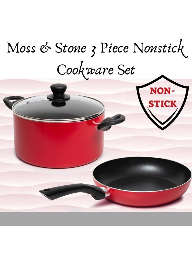 Moss & Stone 3 Peice Pots & Pans Set Nonstick Cookware Set, Aluminum Pots and Pans, Red Pots and Pans Set with Glass Lid, Dishwasher Safe, Cooking Set - Image 2