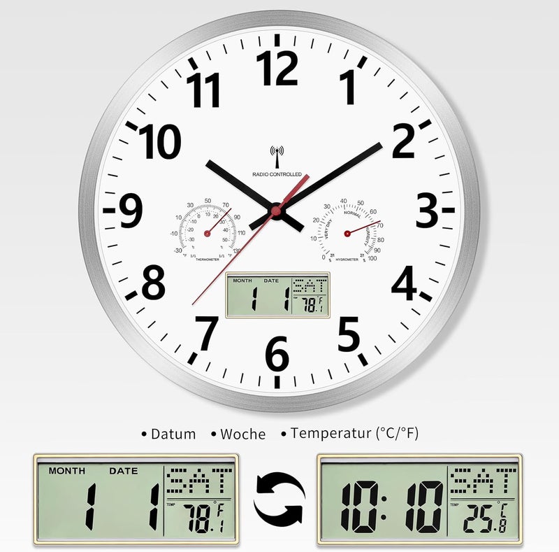 Foxtop Radio Digital Analogue Wall Clock 30 cm with LCD Display – Digital Radio Clock with Automatic Time Adjustment, Temperature, Date & Day of the Week, Silent – Kitchen Clock for Living Room - Image 3