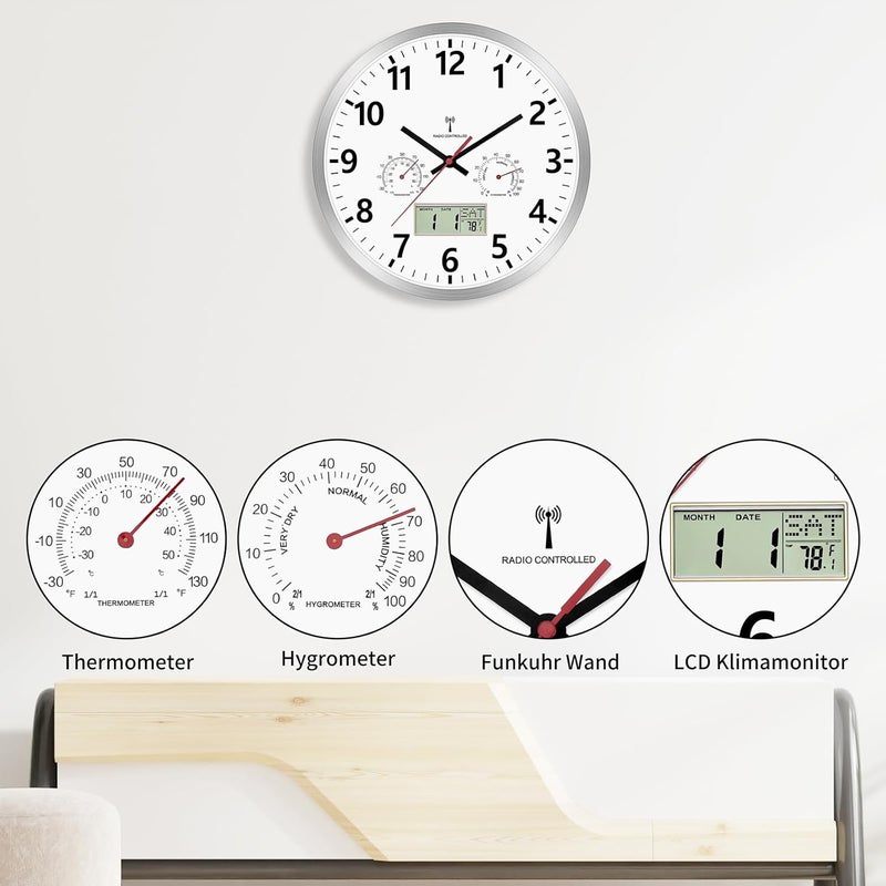 Foxtop Radio Digital Analogue Wall Clock 30 cm with LCD Display – Digital Radio Clock with Automatic Time Adjustment, Temperature, Date & Day of the Week, Silent – Kitchen Clock for Living Room - Image 2