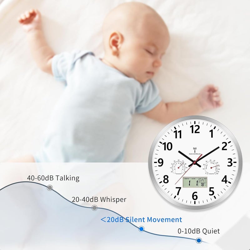 Foxtop Radio Digital Analogue Wall Clock 30 cm with LCD Display – Digital Radio Clock with Automatic Time Adjustment, Temperature, Date & Day of the Week, Silent – Kitchen Clock for Living Room - Image 4