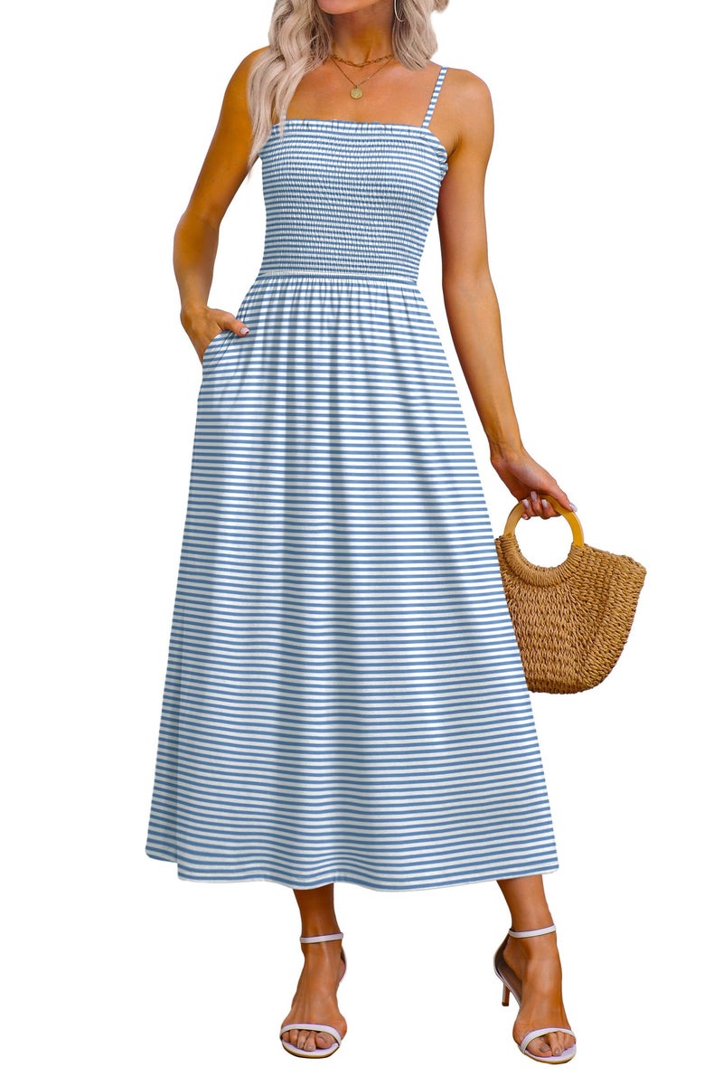 OFEEFAN Maxi Dress Spaghetti Strap Spring Sundresses for Women with Pockets 2026 Summer Swing Dresses Blue Striped XL - Image 1